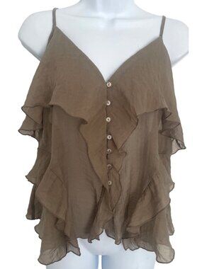 Zara Brown Ruffled Button-Up Camisole Sz M Festival Coquette Whimsigoth